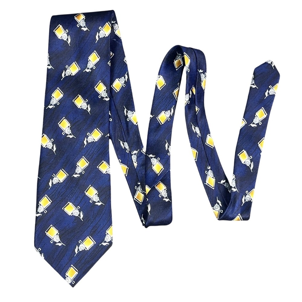 Salvatore Mens Navy Blue Geometric Floral Herringbone Handmade Polyester Tie